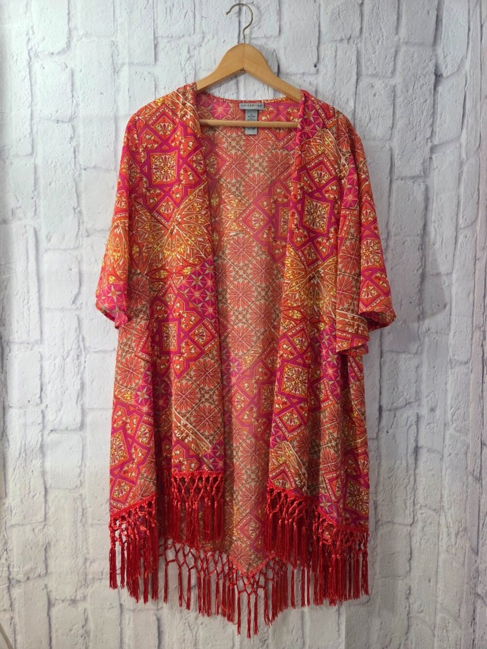 Catherines Plus 2X 22/24 Vibrant Mosaic Fringe Kimono Cardigan Summer 3/4 Sleeve